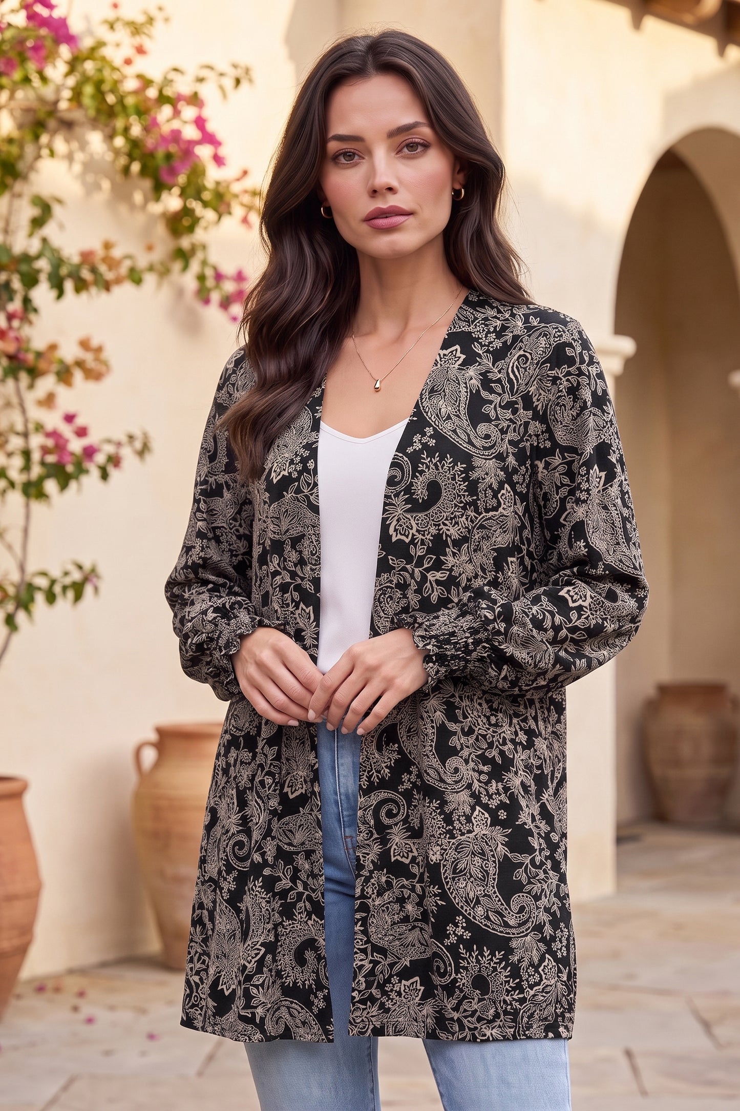 Dear Scarlett Vintage Noir Smocked Sleeve Cardigan-180 Outerwear- Simply Simpson's Boutique is a Women's Online Fashion Boutique Located in Jupiter, Florida