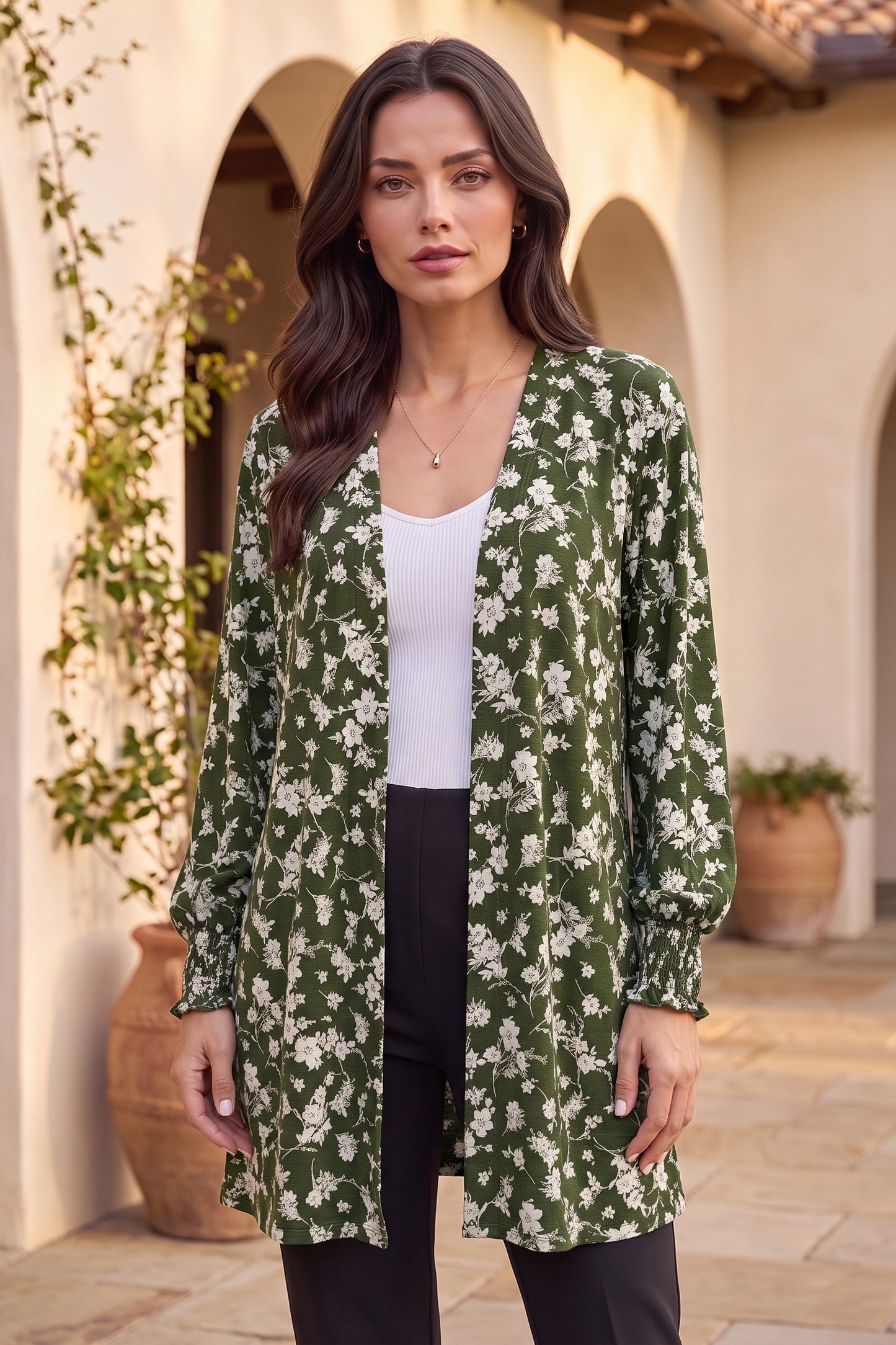 Dear Scarlett Olive Blossom Smocked Sleeve Cardigan-180 Outerwear- Simply Simpson's Boutique is a Women's Online Fashion Boutique Located in Jupiter, Florida
