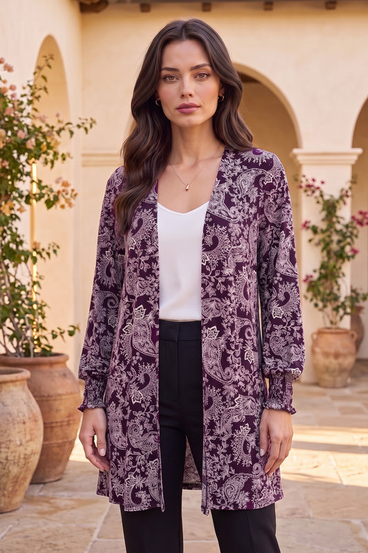 Dear Scarlett Plum Paisley Smocked Sleeve Cardigan-180 Outerwear- Simply Simpson's Boutique is a Women's Online Fashion Boutique Located in Jupiter, Florida