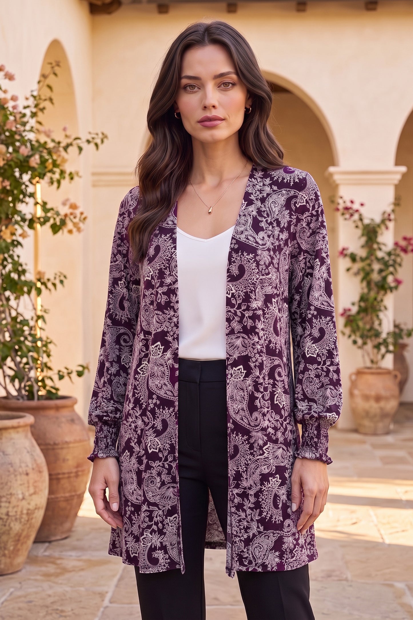 Dear Scarlett Plum Paisley Smocked Sleeve Cardigan-180 Outerwear- Simply Simpson's Boutique is a Women's Online Fashion Boutique Located in Jupiter, Florida