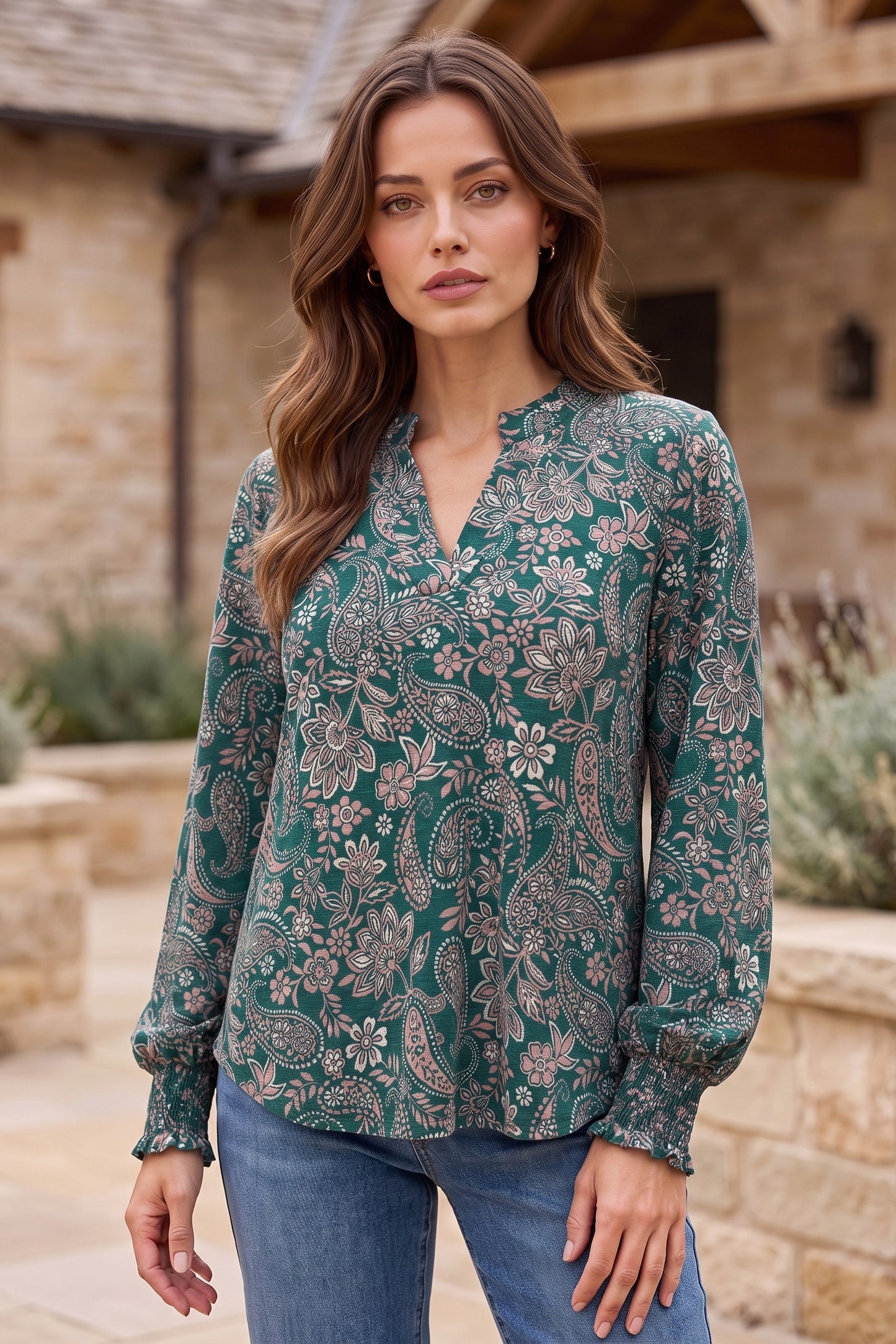 Dear Scarlett Emerald Paisley Smocked Sleeve Lizzy