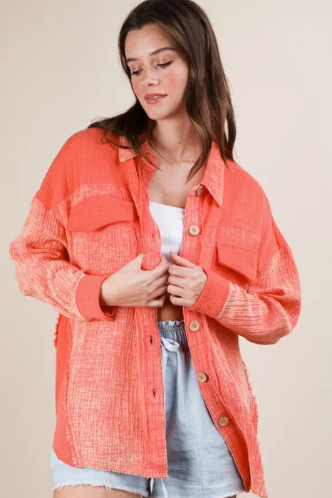 Coral Mineral Washed Oversized Gauze Shacket Jacket-180 Outerwear/Jackets- Simply Simpson's Boutique is a Women's Online Fashion Boutique Located in Jupiter, Florida