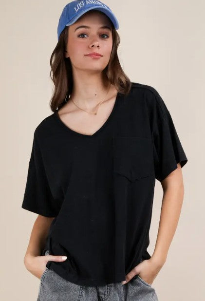 Black Mineral Washed V-Neck Knit Top-100 Short Sleeves- Simply Simpson's Boutique is a Women's Online Fashion Boutique Located in Jupiter, Florida