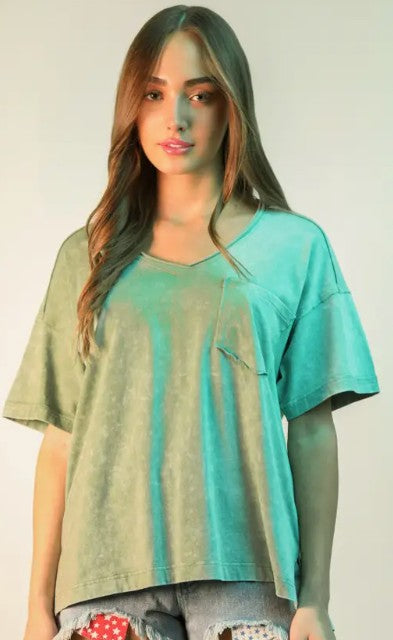 Sage Mineral Wash V-Neck Knit Top-100 Short Sleeves- Simply Simpson's Boutique is a Women's Online Fashion Boutique Located in Jupiter, Florida