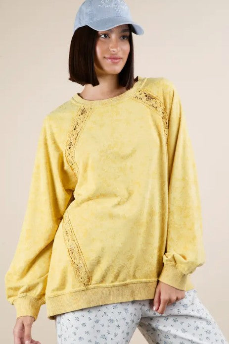 Yellow Lace Trim Detail Mineral Washed Knit Top-100 Short Sleeves- Simply Simpson's Boutique is a Women's Online Fashion Boutique Located in Jupiter, Florida