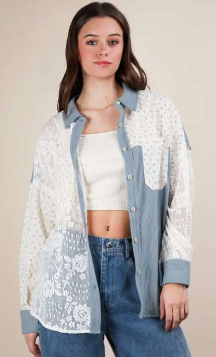 Blue Contrast Ribbed Knit & Lace Shacket-180 Outerwear/Jackets- Simply Simpson's Boutique is a Women's Online Fashion Boutique Located in Jupiter, Florida