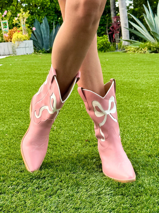 Pink with White Bow Boots-260 Shoes- Simply Simpson's Boutique is a Women's Online Fashion Boutique Located in Jupiter, Florida