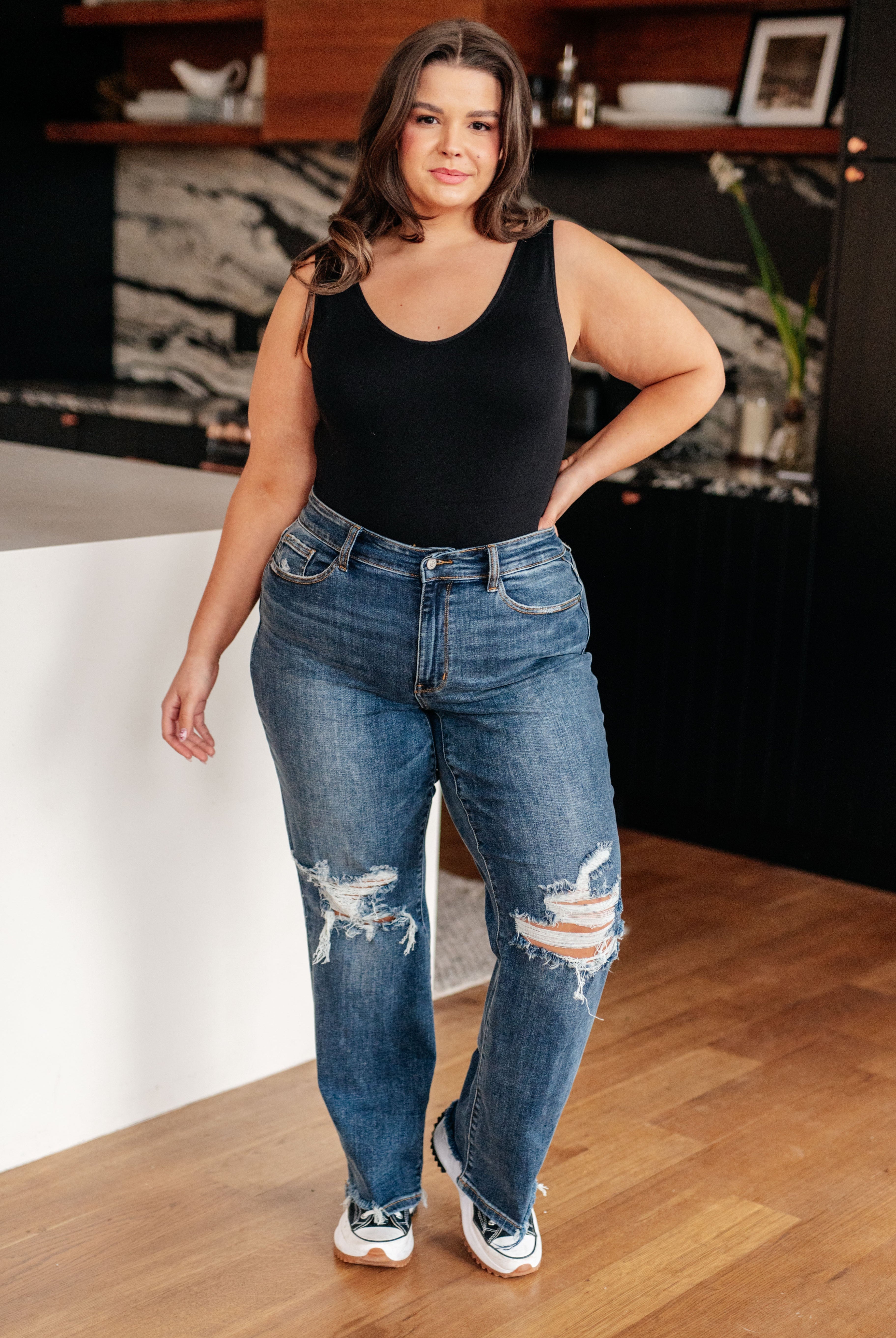 Rose High Rise 90's Straight Jeans in Dark Wash-Shirts & Tops- Simply Simpson's Boutique is a Women's Online Fashion Boutique Located in Jupiter, Florida