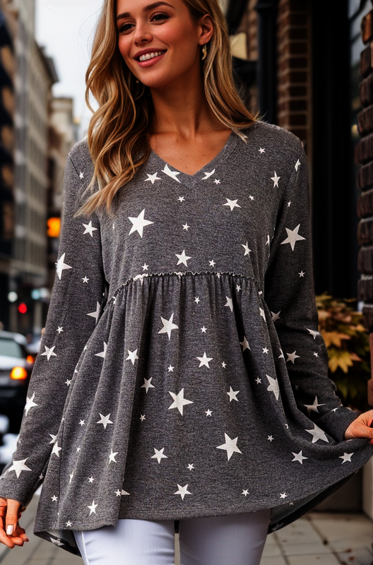Heimish Long Sleeve V-Neck Star Print Charcoal-110 Long Sleeves- Simply Simpson's Boutique is a Women's Online Fashion Boutique Located in Jupiter, Florida