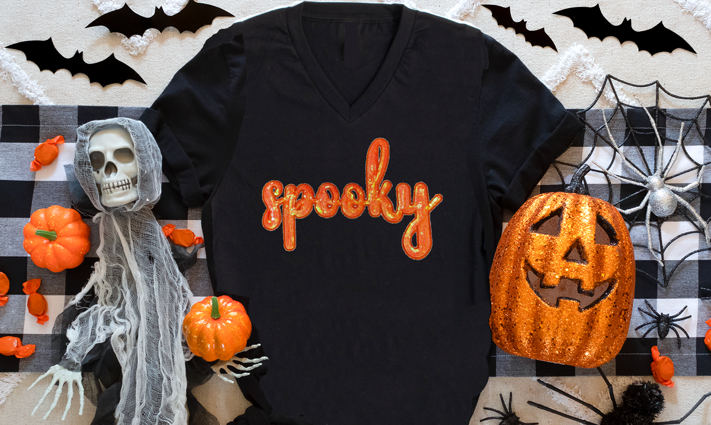 SPOOKY Sequins Patch V-NECK-Graphic Tee- Simply Simpson's Boutique is a Women's Online Fashion Boutique Located in Jupiter, Florida