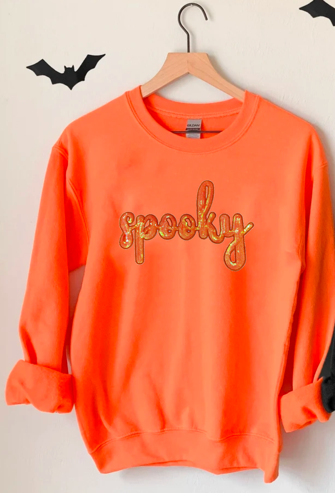 SPOOKY Sequins Patches ORANGE SWEATSHIRT-Graphic Tee- Simply Simpson's Boutique is a Women's Online Fashion Boutique Located in Jupiter, Florida