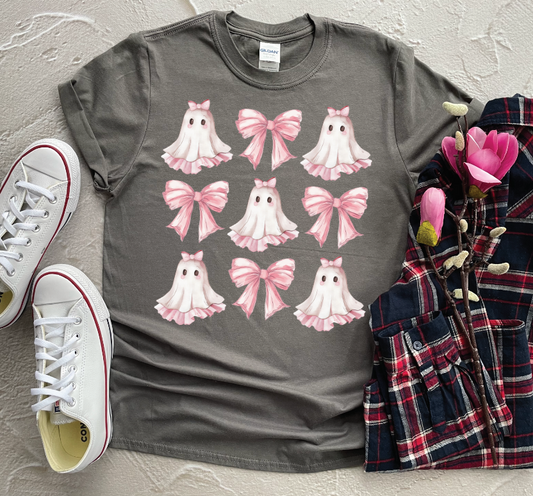 Pink Bows and ghost with bows on top-Graphic Tee- Simply Simpson's Boutique is a Women's Online Fashion Boutique Located in Jupiter, Florida