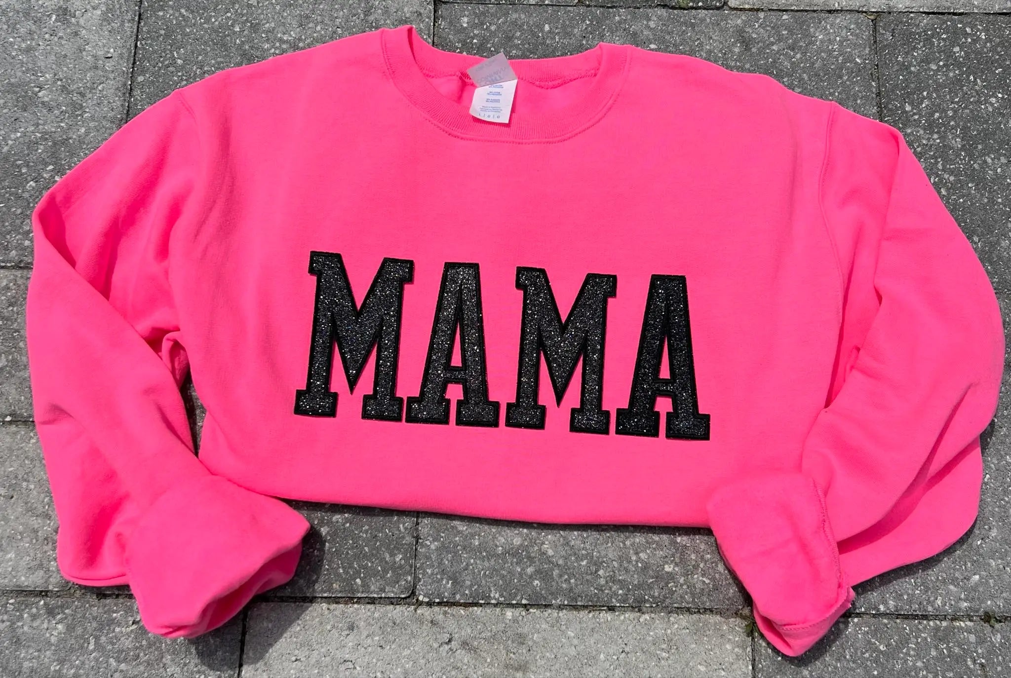 MAMA (BLACK GLITTER PATCH) PINK Sweatshirt-Graphic Tee- Simply Simpson's Boutique is a Women's Online Fashion Boutique Located in Jupiter, Florida