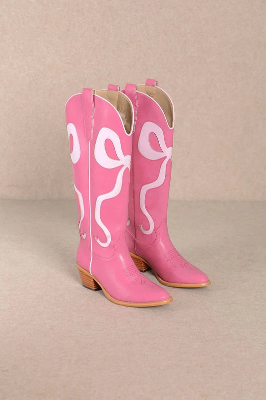 Solid Pink with Pink Bows Tall Bow Boots-260 Shoes- Simply Simpson's Boutique is a Women's Online Fashion Boutique Located in Jupiter, Florida
