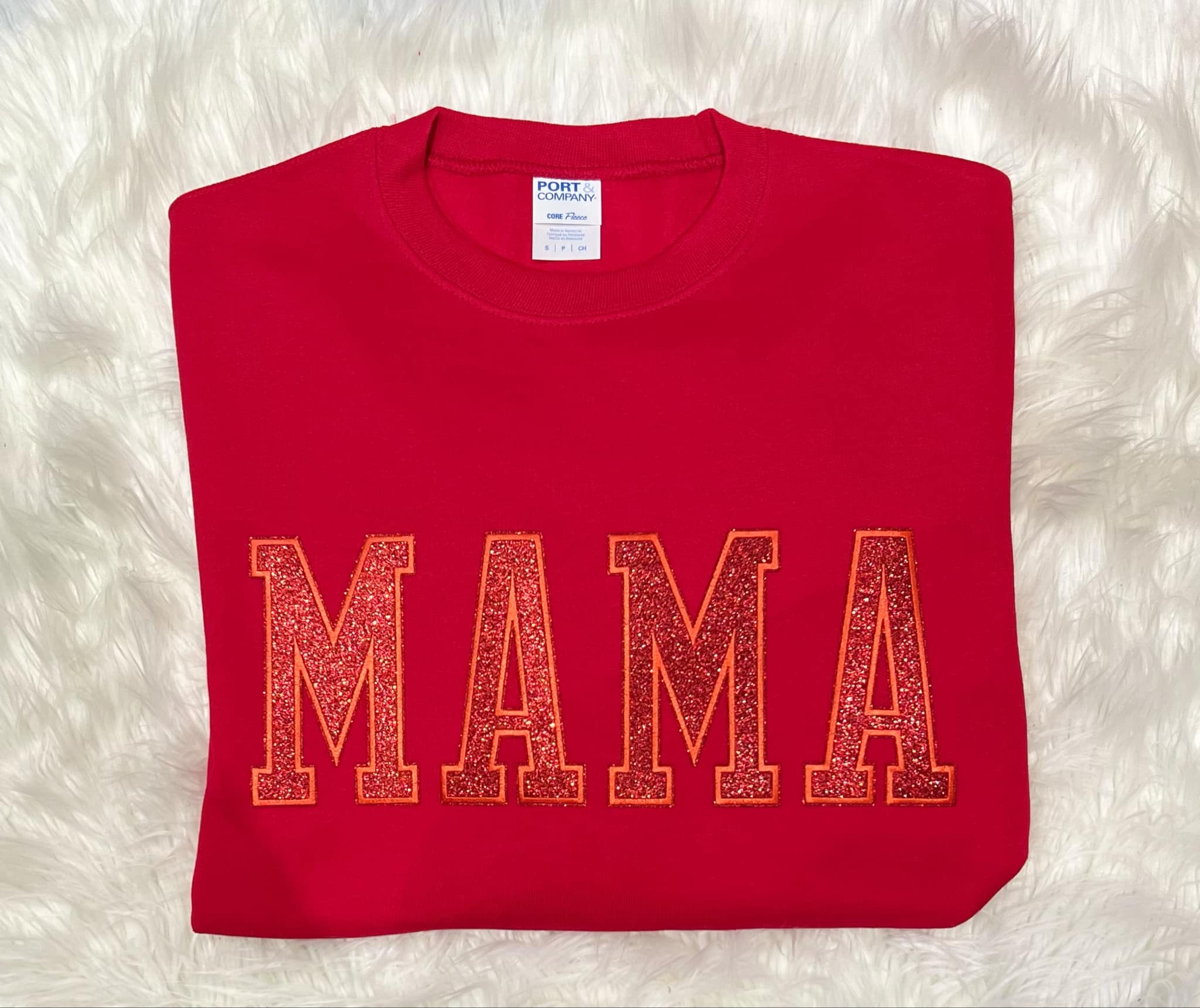 MAMA (RED GLITTER PATCH) RED Sweatshirt-Graphic Tee- Simply Simpson's Boutique is a Women's Online Fashion Boutique Located in Jupiter, Florida