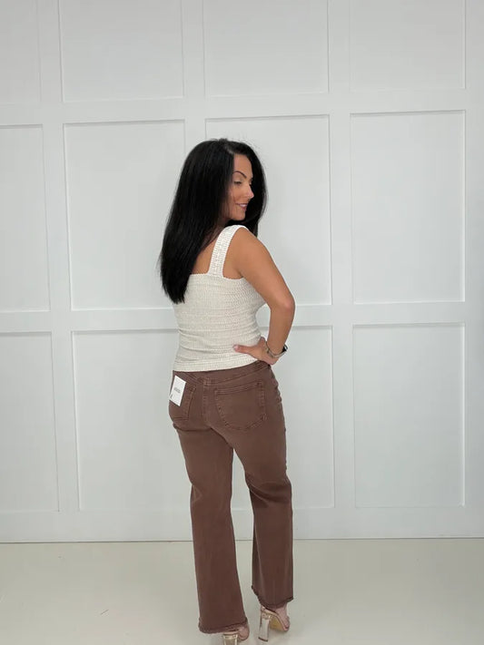 Brown Acid Washed Fryed Hem Jeans- Simply Simpson's Boutique is a Women's Online Fashion Boutique Located in Jupiter, Florida