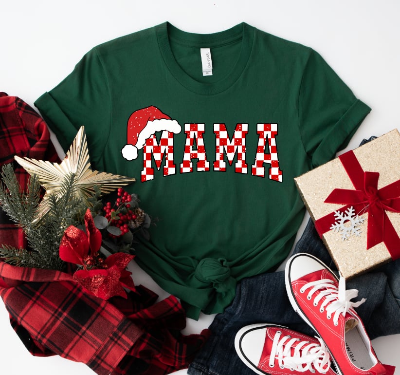 Mama Checkered w/ Santa hat-Graphic Tee- Simply Simpson's Boutique is a Women's Online Fashion Boutique Located in Jupiter, Florida