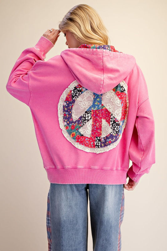 Pink Peace, Love & Patchwork Hoodie-160 Sweatshirts- Simply Simpson's Boutique is a Women's Online Fashion Boutique Located in Jupiter, Florida