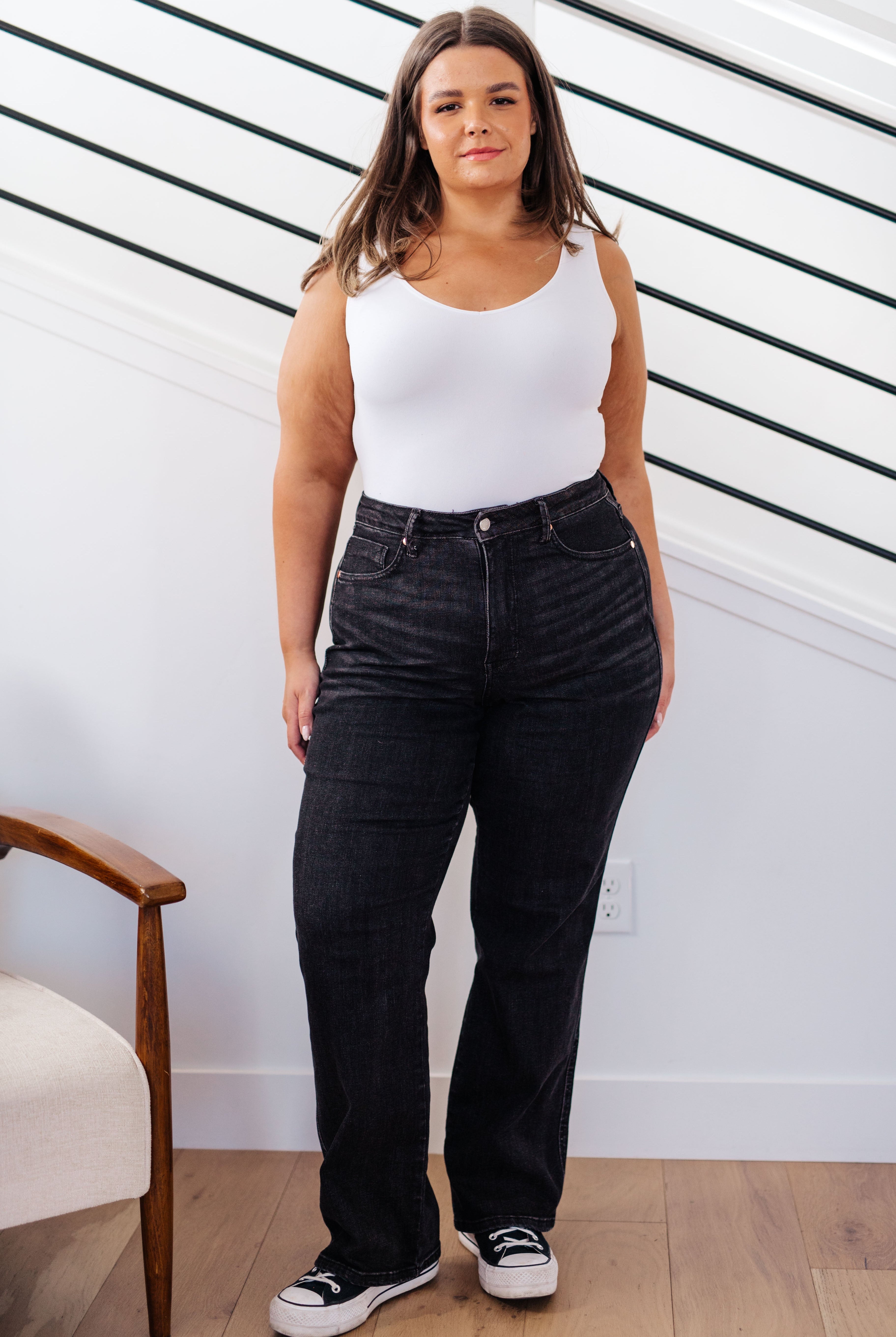 Joan High Rise Control Top Straight Jeans in Washed Black-Pants- Simply Simpson's Boutique is a Women's Online Fashion Boutique Located in Jupiter, Florida