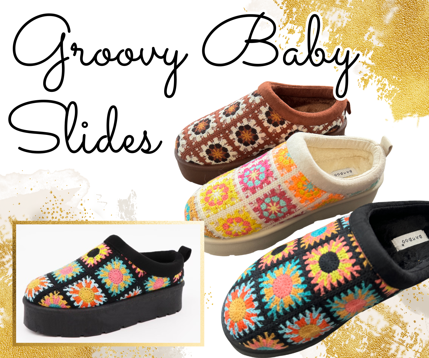 Groovy Baby Crochet Platform Slides from Simply Simpson Boutique in Black, Brown and White. 