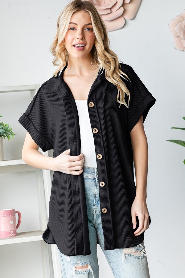 Black Casual Crush Ribbed Button Down-100 Short Sleeves- Simply Simpson's Boutique is a Women's Online Fashion Boutique Located in Jupiter, Florida
