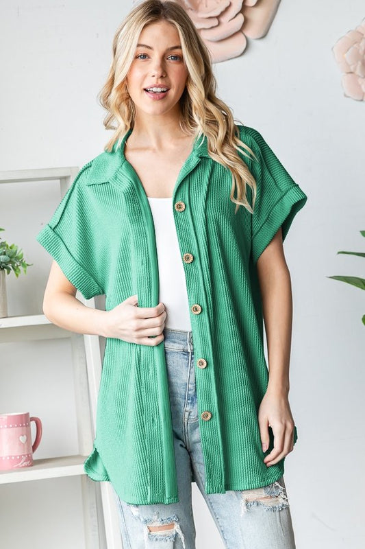 Short Sleeve Green Ribbed Button Down-100 Short Sleeves- Simply Simpson's Boutique is a Women's Online Fashion Boutique Located in Jupiter, Florida