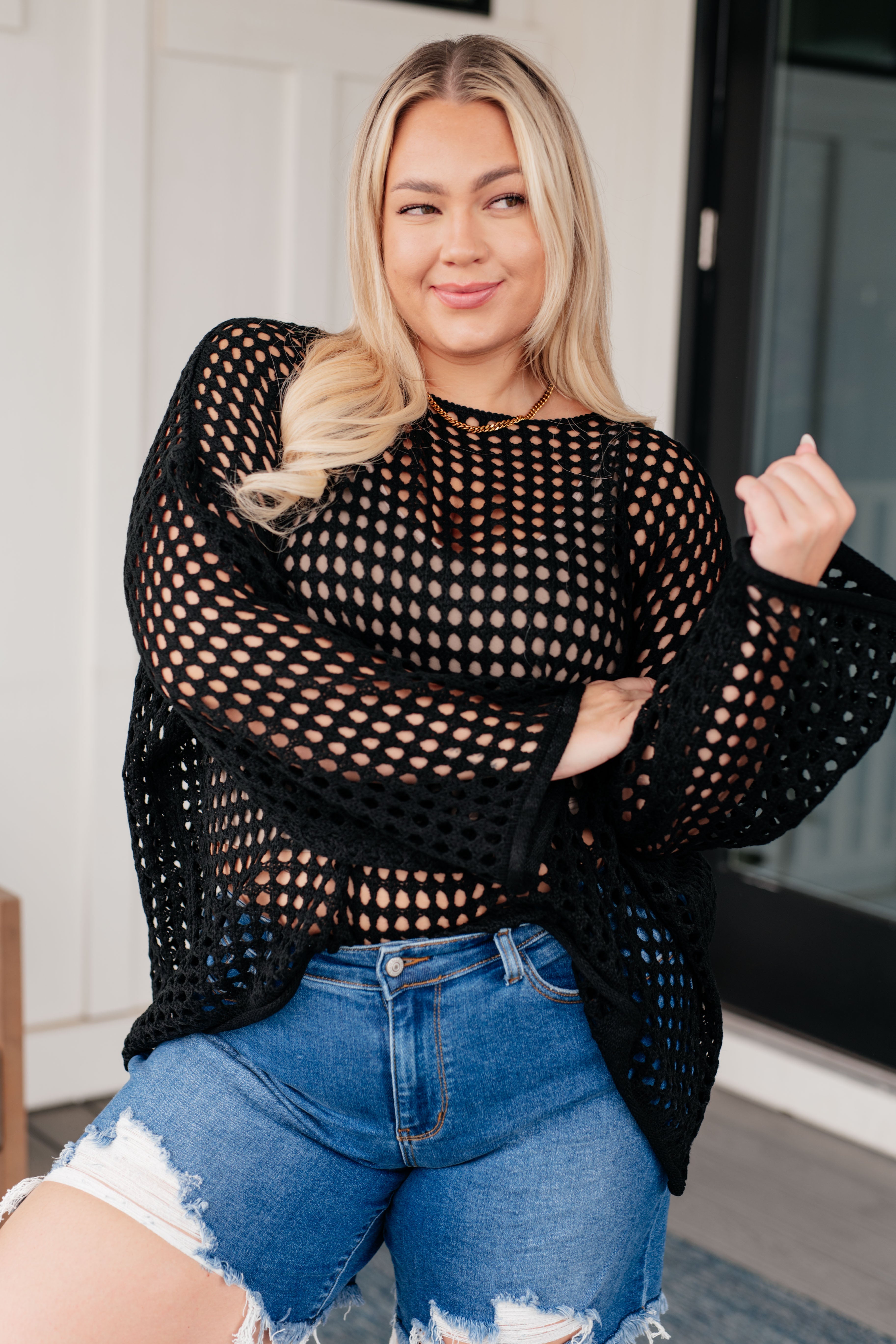Ask Anyway Fishnet Sweater-Outerwear- Simply Simpson's Boutique is a Women's Online Fashion Boutique Located in Jupiter, Florida