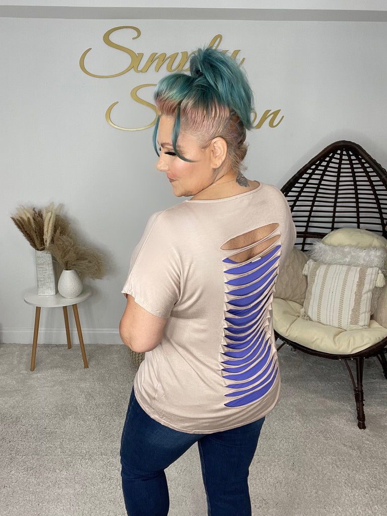 Taupe Laser Cut Out Back Top-Shirts & Tops- Simply Simpson's Boutique is a Women's Online Fashion Boutique Located in Jupiter, Florida