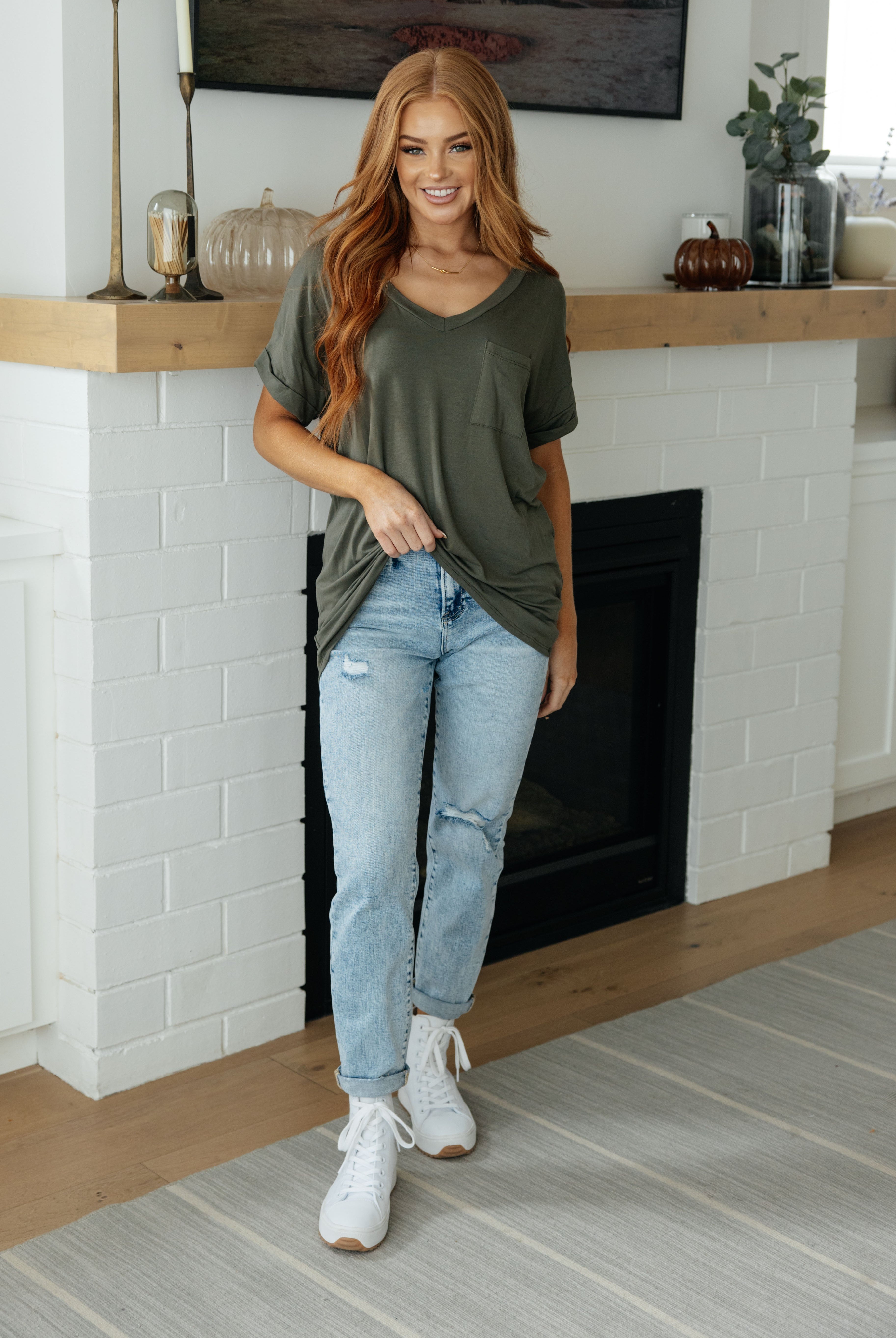 Absolute Favorite V-Neck Top in Olive-Shirts & Tops- Simply Simpson's Boutique is a Women's Online Fashion Boutique Located in Jupiter, Florida