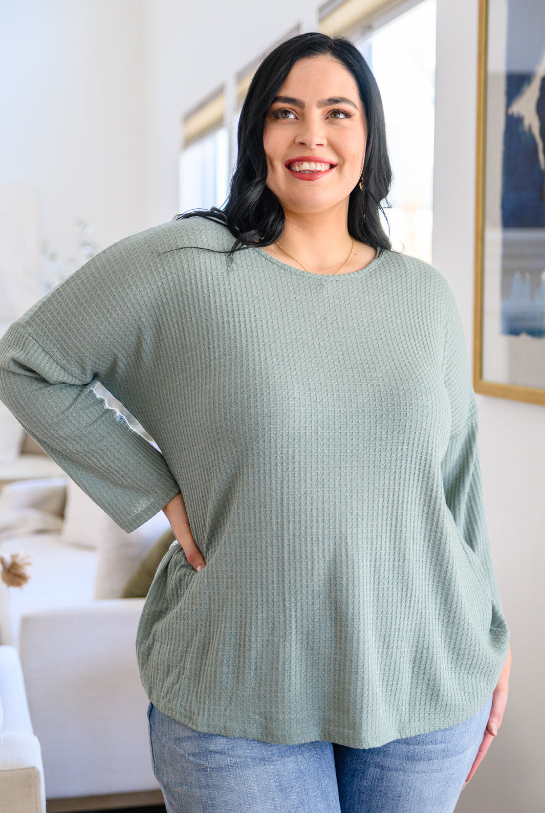 Austin Waffle Knit Basic Top In Sage-Shirts & Tops- Simply Simpson's Boutique is a Women's Online Fashion Boutique Located in Jupiter, Florida