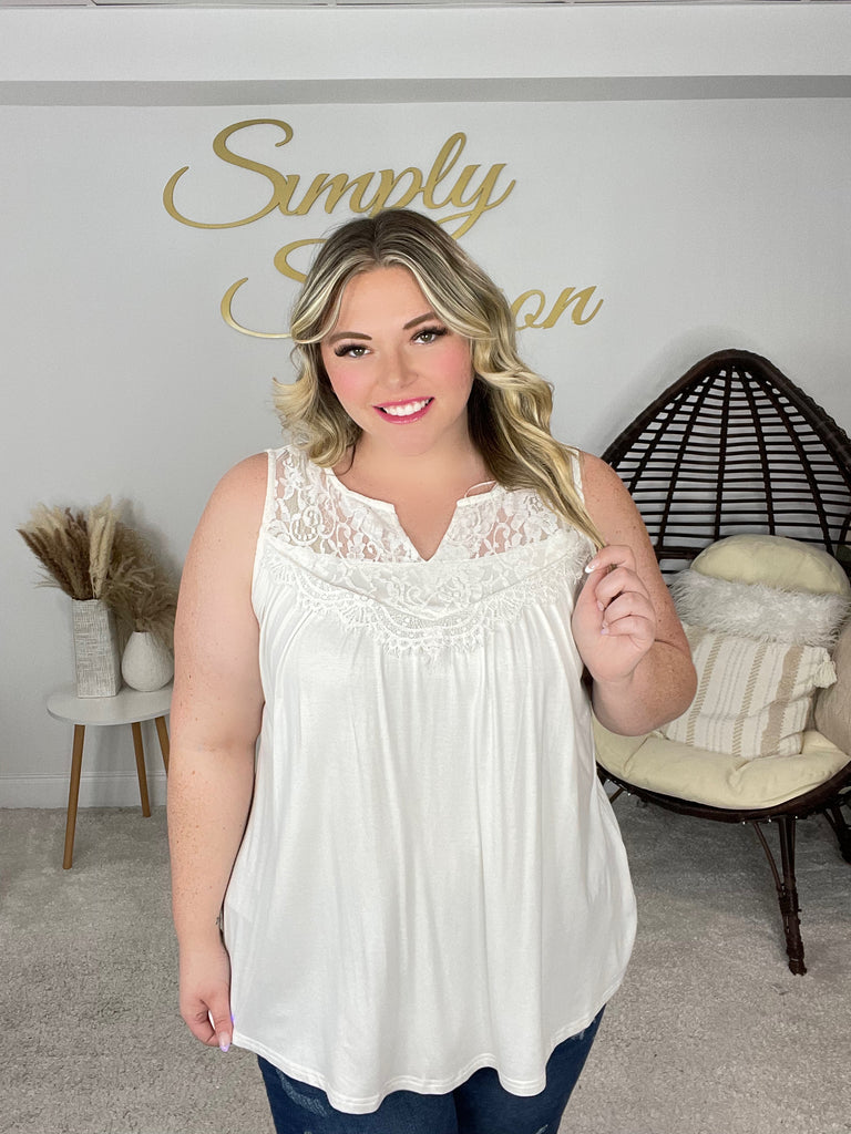 Ivory Sleeveless V-Neck Top With Lace Detail-Shirts & Tops- Simply Simpson's Boutique is a Women's Online Fashion Boutique Located in Jupiter, Florida