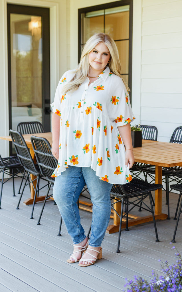 Blissed Out Button Up Babydoll Tunic-Shirts & Tops- Simply Simpson's Boutique is a Women's Online Fashion Boutique Located in Jupiter, Florida