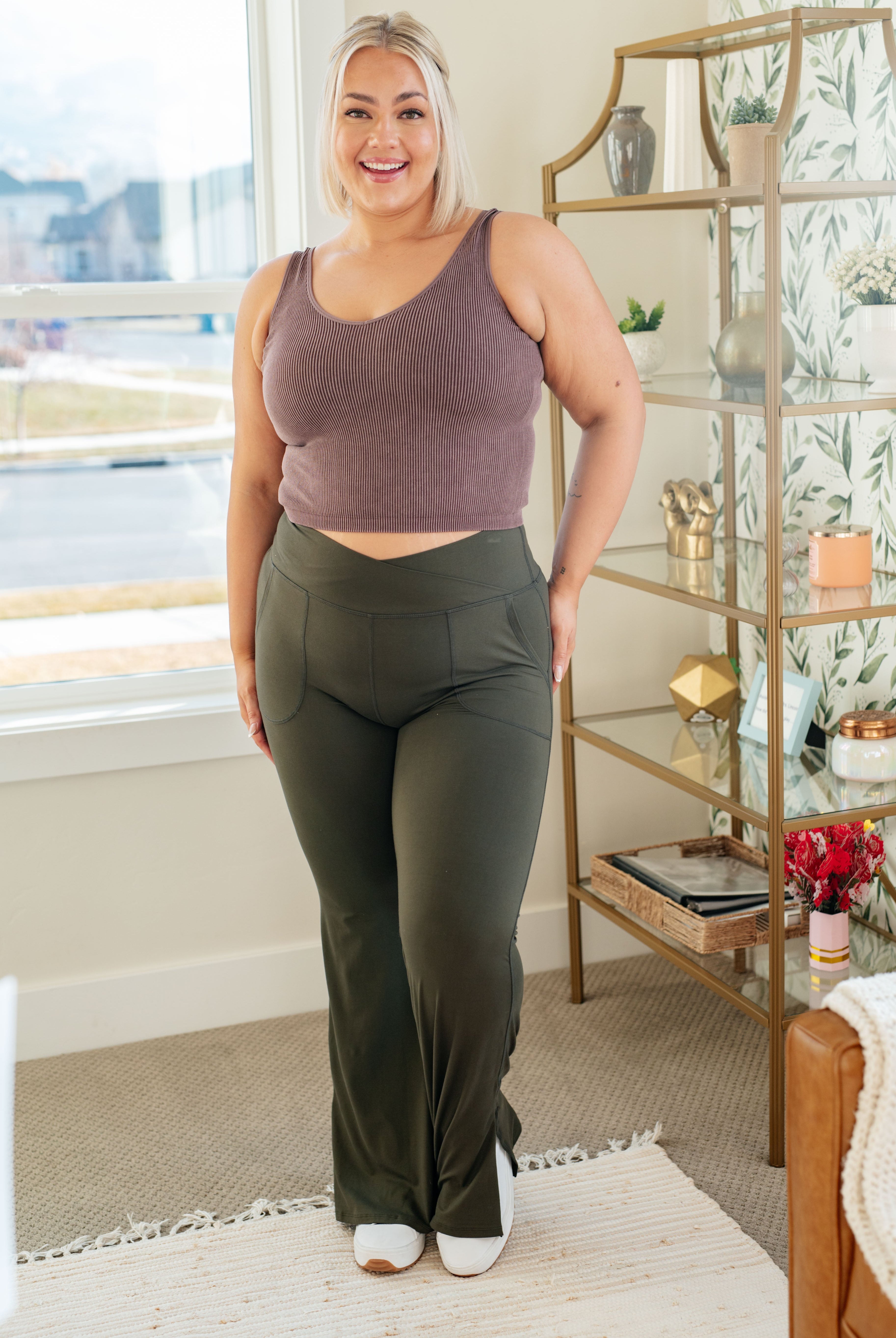 On the Move V Front Flare Leggings in Olive-Pants- Simply Simpson's Boutique is a Women's Online Fashion Boutique Located in Jupiter, Florida