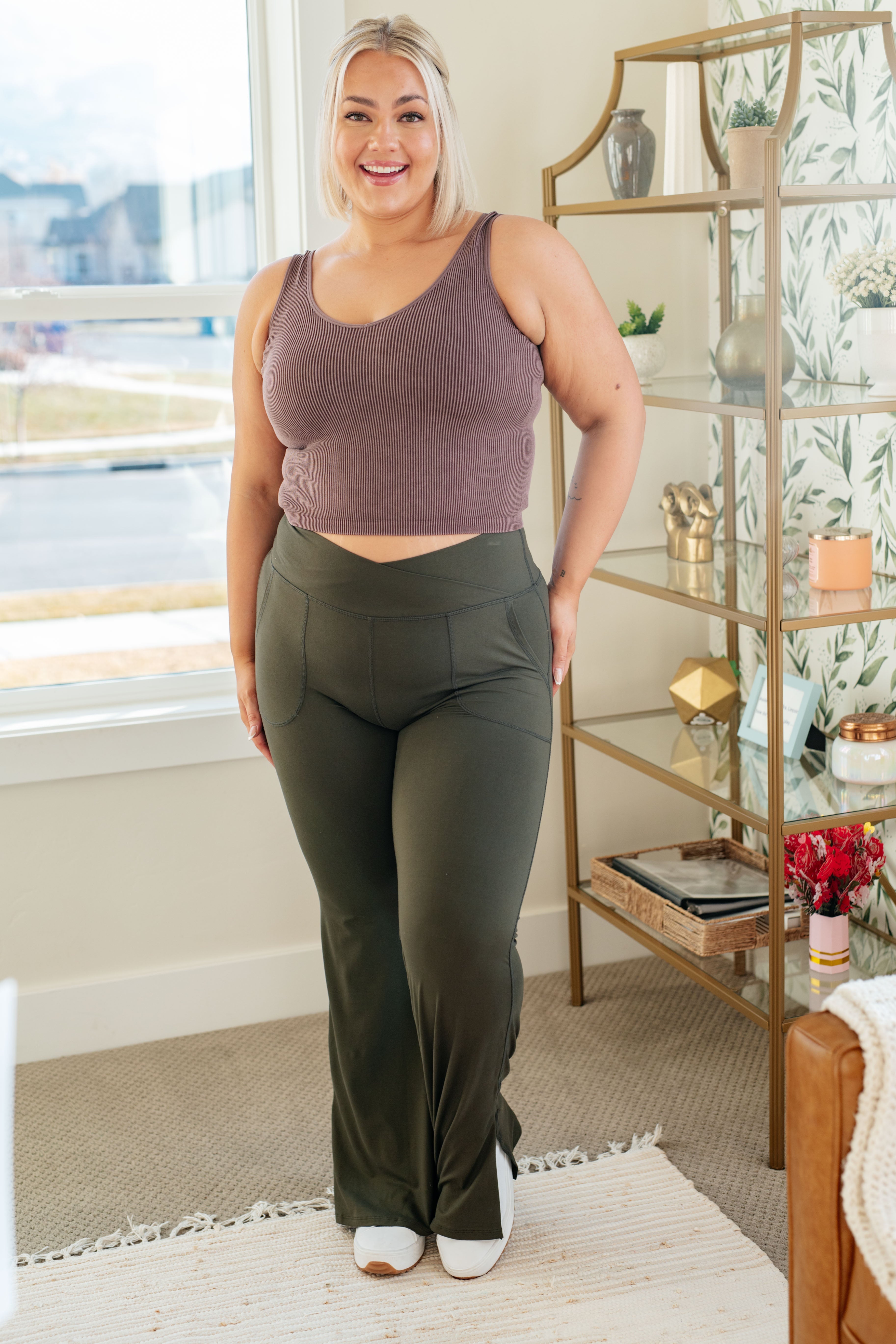 On the Move V Front Flare Leggings in Olive-Pants- Simply Simpson's Boutique is a Women's Online Fashion Boutique Located in Jupiter, Florida