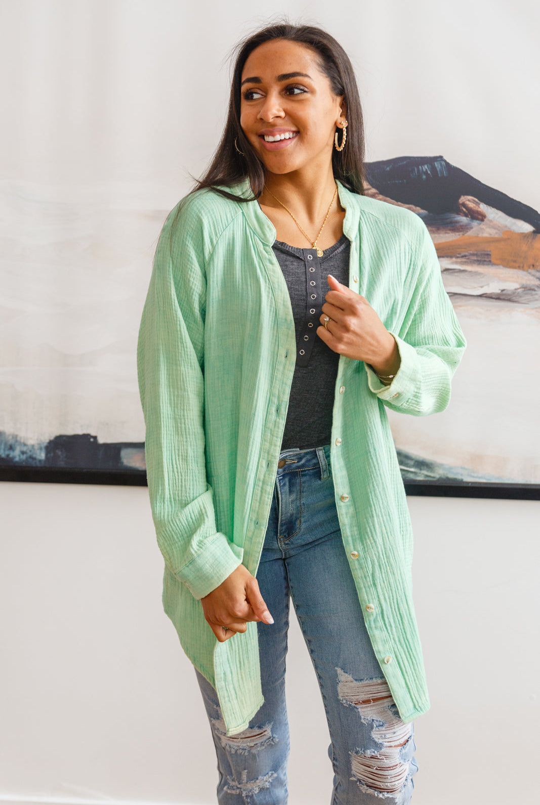 Corey Button Up Top In Vintage Green-Outerwear- Simply Simpson's Boutique is a Women's Online Fashion Boutique Located in Jupiter, Florida