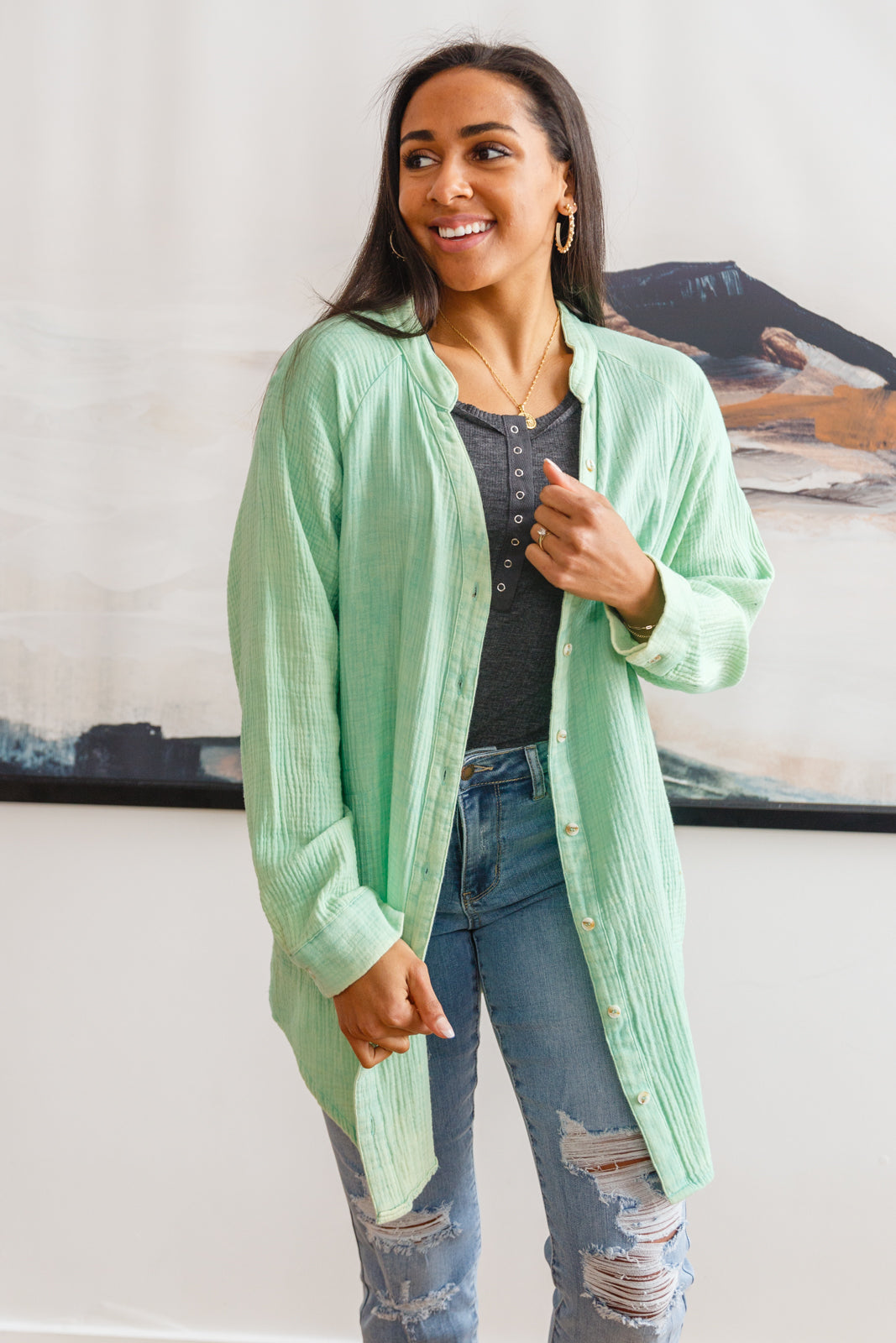 Corey Button Up Top In Vintage Green-Outerwear- Simply Simpson's Boutique is a Women's Online Fashion Boutique Located in Jupiter, Florida