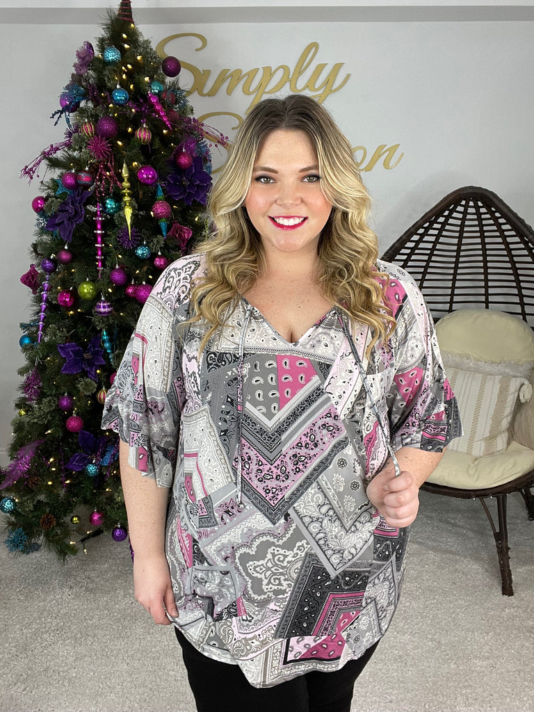 HoneyMe Grey/Black Ruffle Sleeve Medallion Print Top W/Drawstring-Tops- Simply Simpson's Boutique is a Women's Online Fashion Boutique Located in Jupiter, Florida