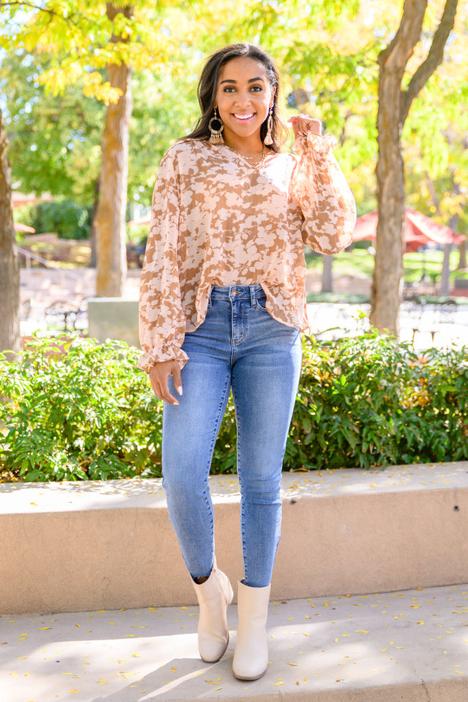 Floral Ties Top in Taupe-110 Long Sleeves- Simply Simpson's Boutique is a Women's Online Fashion Boutique Located in Jupiter, Florida