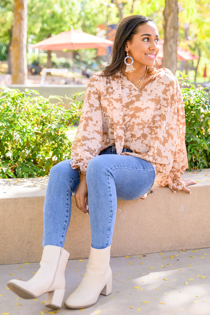 Floral Ties Top in Taupe-110 Long Sleeves- Simply Simpson's Boutique is a Women's Online Fashion Boutique Located in Jupiter, Florida