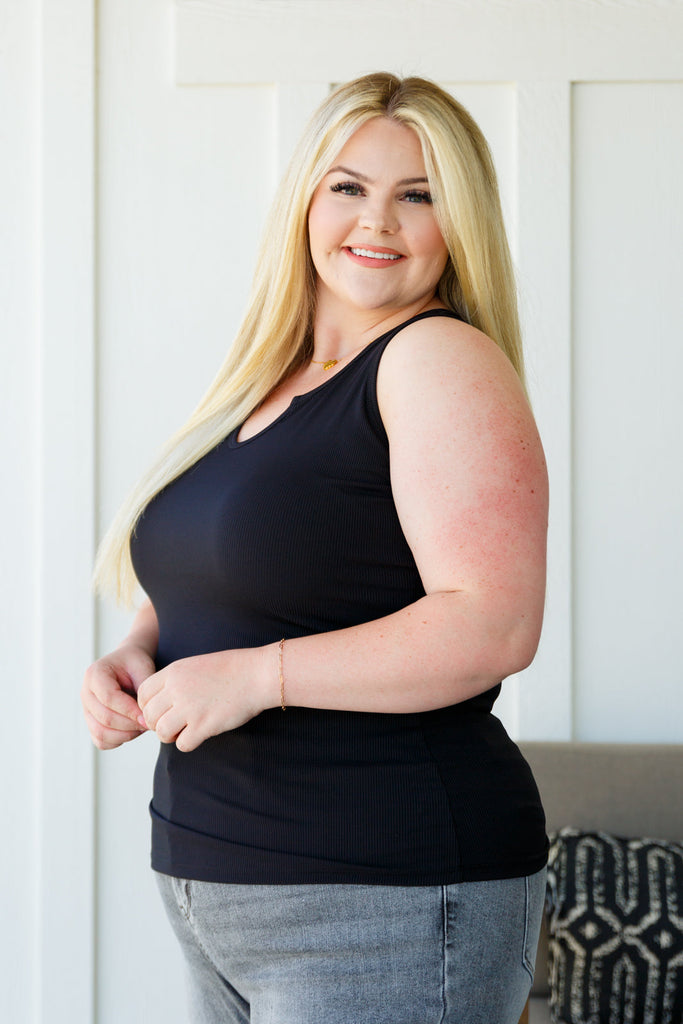 Daily Essential Notched Ribbed Tank in Black-Shirts & Tops- Simply Simpson's Boutique is a Women's Online Fashion Boutique Located in Jupiter, Florida