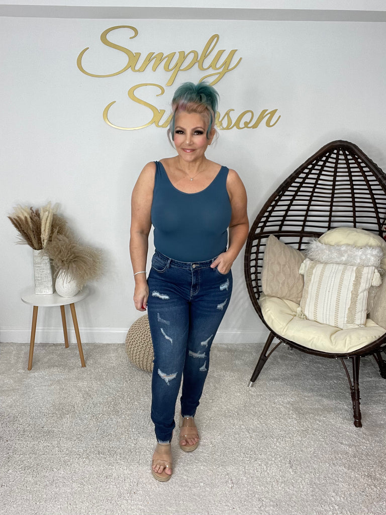 Dark Wash Distressed Jeans-Jeans- Simply Simpson's Boutique is a Women's Online Fashion Boutique Located in Jupiter, Florida