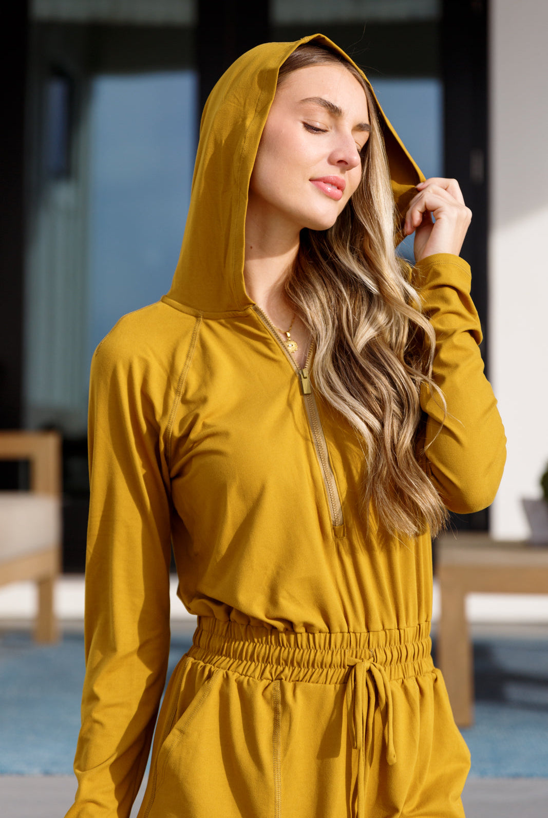 Getting Out Long Sleeve Hoodie Romper Gold Spice-Outerwear- Simply Simpson's Boutique is a Women's Online Fashion Boutique Located in Jupiter, Florida