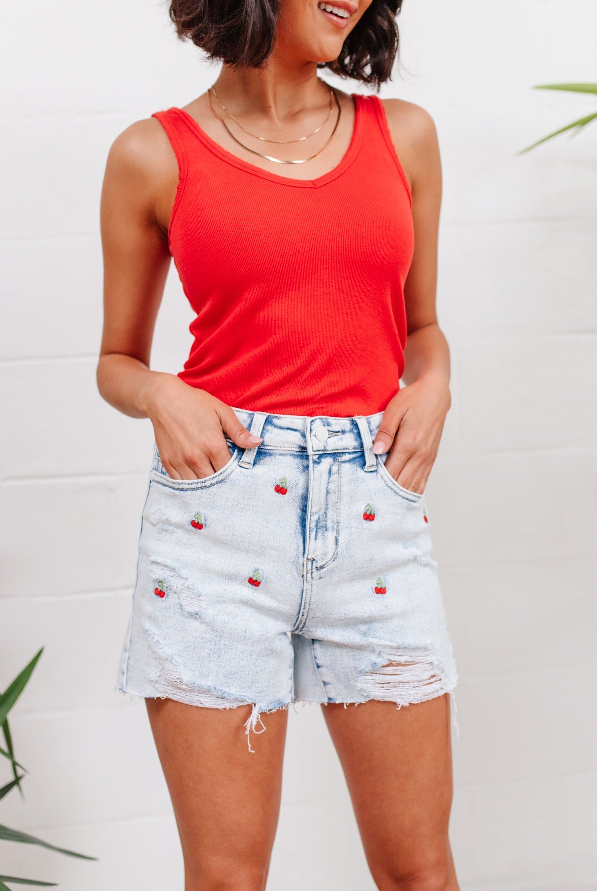 Hi-Waisted Cherry Acid Wash Cutoffs-Jeans- Simply Simpson's Boutique is a Women's Online Fashion Boutique Located in Jupiter, Florida