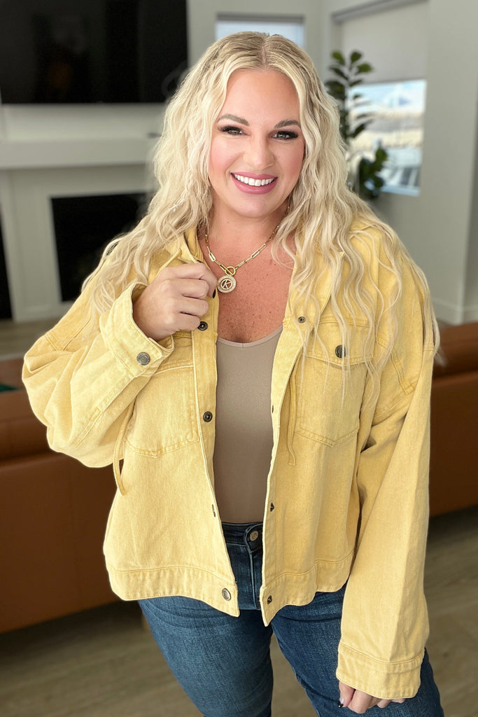 Cropped Hooded Denim Jacket in Mustard-Shirts & Tops- Simply Simpson's Boutique is a Women's Online Fashion Boutique Located in Jupiter, Florida