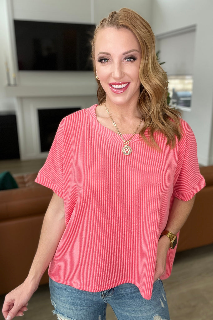 Textured Line Twisted Short Sleeve Top in Coral-Short Sleeves- Simply Simpson's Boutique is a Women's Online Fashion Boutique Located in Jupiter, Florida