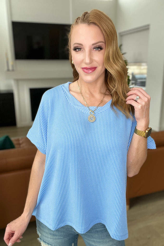 Textured Line Twisted Short Sleeve Top in Sky Blue-Short Sleeves- Simply Simpson's Boutique is a Women's Online Fashion Boutique Located in Jupiter, Florida