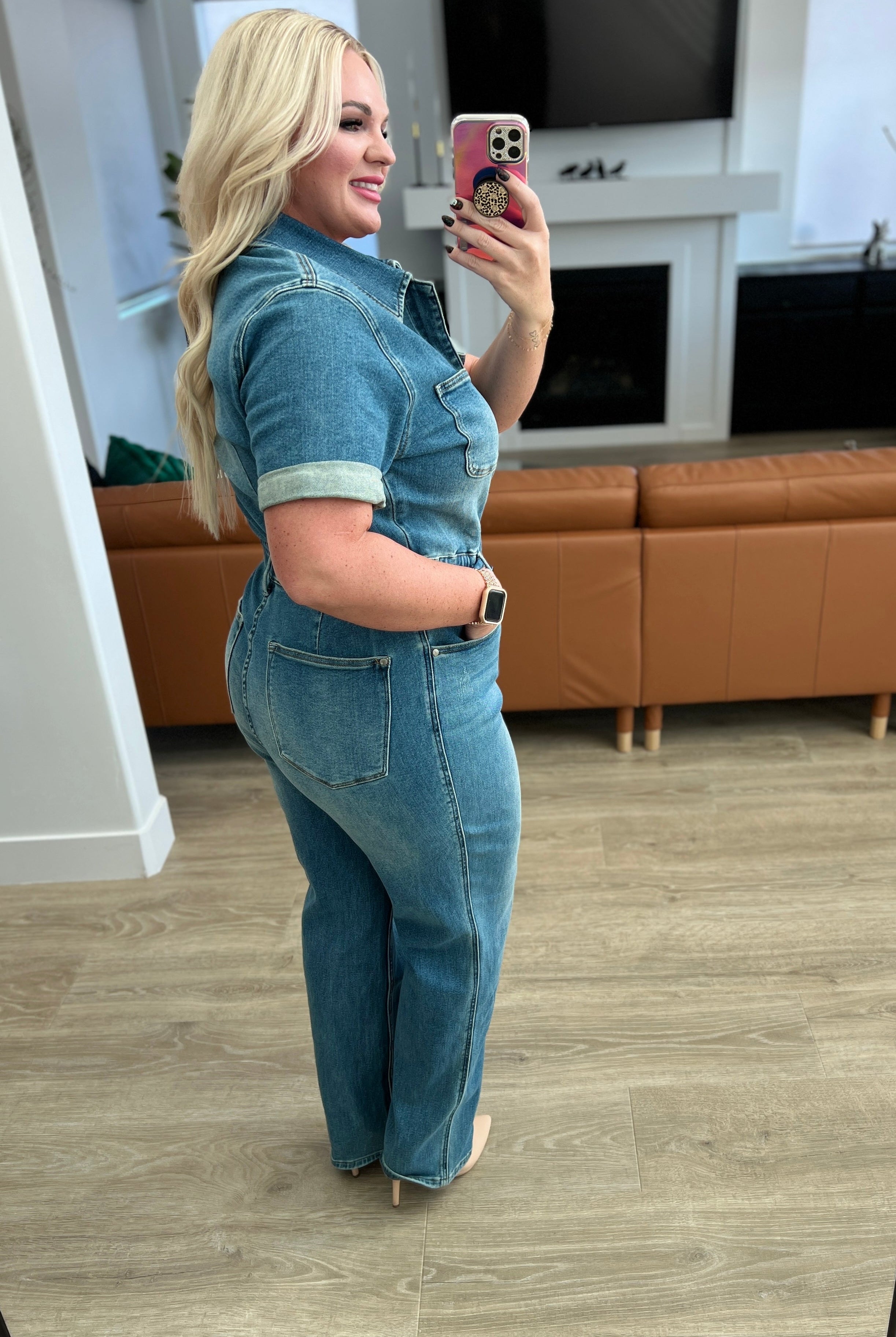 Sylvia Short Sleeve Denim Jumpsuit-Shirts & Tops- Simply Simpson's Boutique is a Women's Online Fashion Boutique Located in Jupiter, Florida