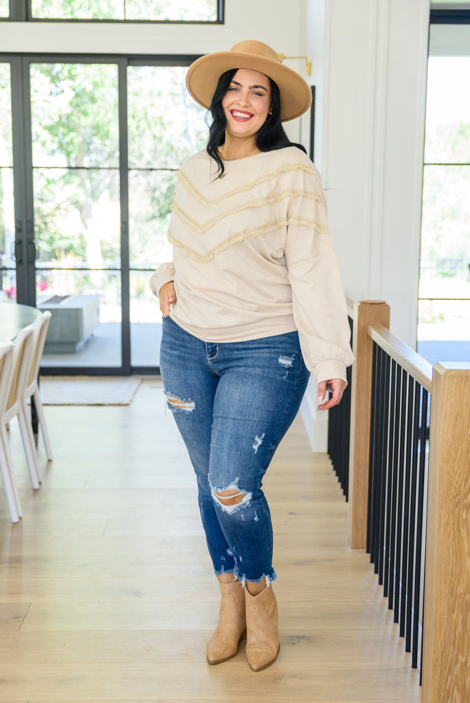 Into The Fringe Top in Beige-Long Sleeves- Simply Simpson's Boutique is a Women's Online Fashion Boutique Located in Jupiter, Florida