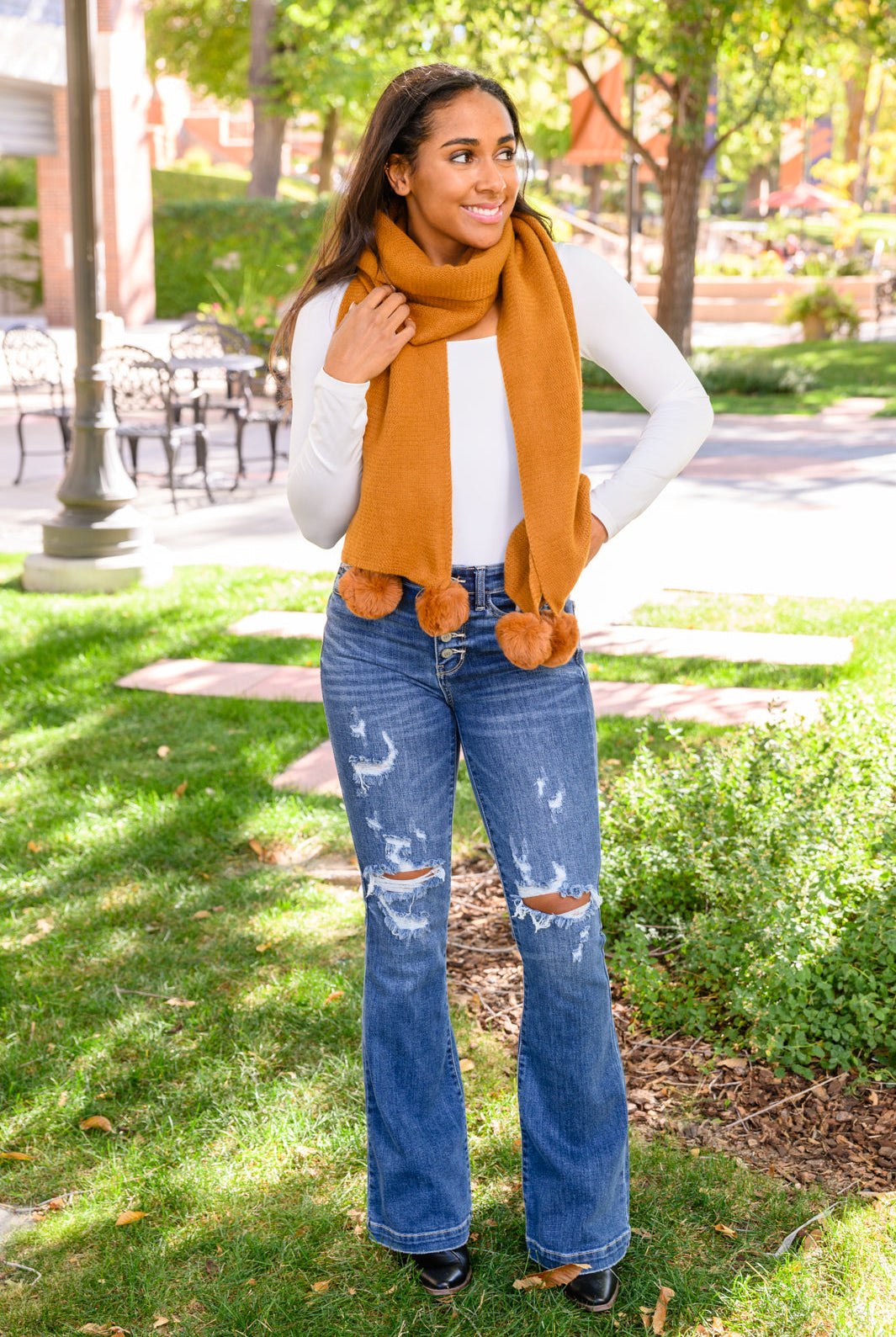 Knitted Fuzzy Pom Pom Scarf In Ginger-Accessories- Simply Simpson's Boutique is a Women's Online Fashion Boutique Located in Jupiter, Florida