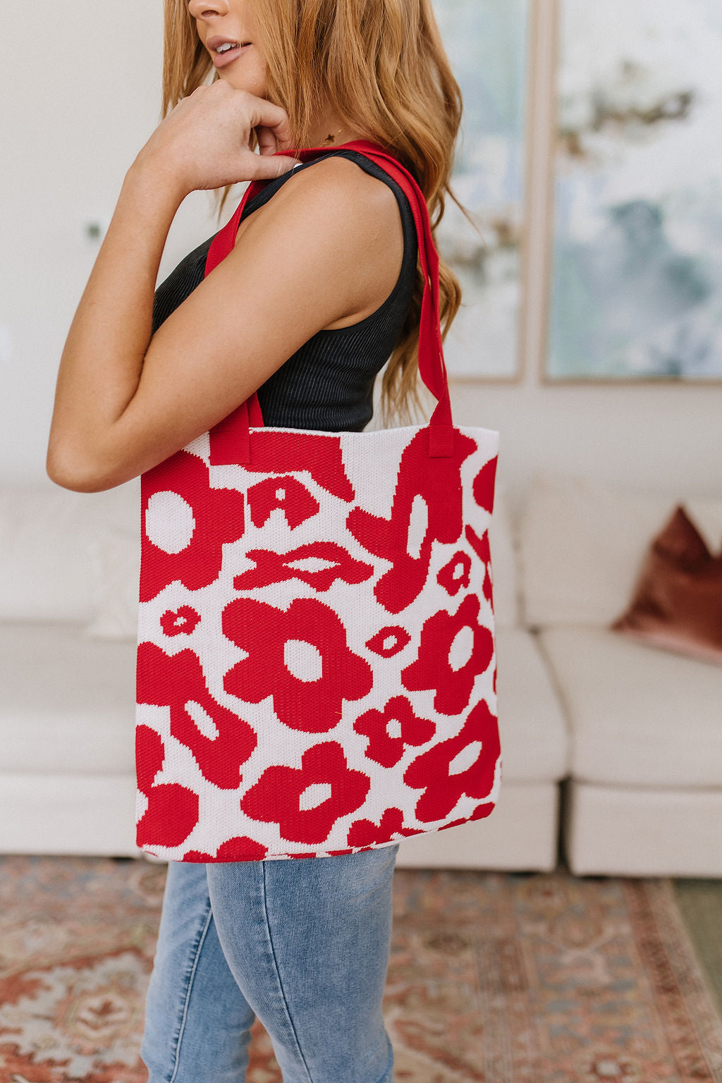Lazy Daisy Knit Bag in Red-Accessories- Simply Simpson's Boutique is a Women's Online Fashion Boutique Located in Jupiter, Florida